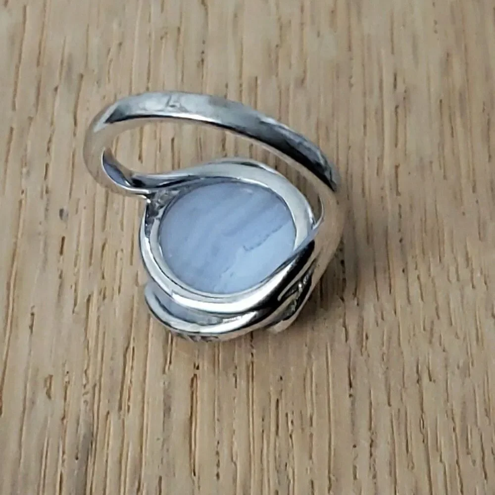 Blue Lace Agate Cabochon Ring CZ Accent 925 Silver Size 6
